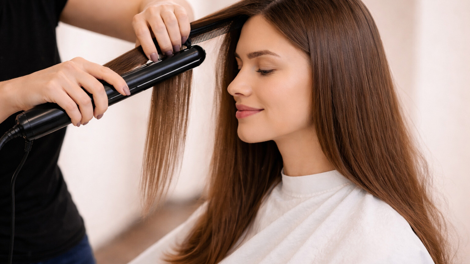 Keratingl&auml;ttung bei einer Frau mit Gl&auml;tteisen f&uuml;r glattes und gl&auml;nzendes Haar