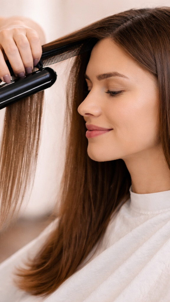 Keratinglättung bei einer Frau mit Glätteisen für glattes und glänzendes Haar