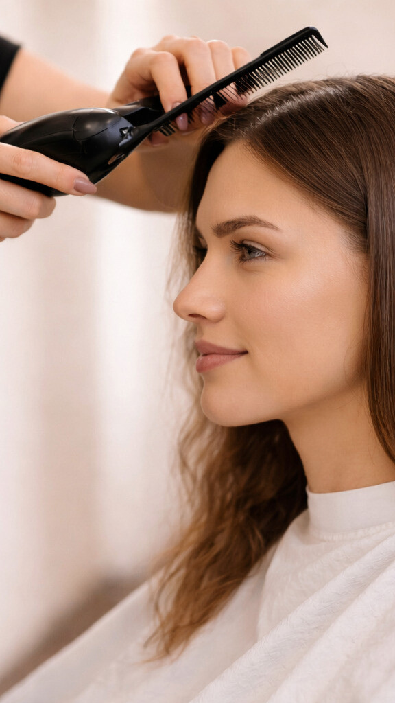Keratinglättung bei einer Frau im Friseursalon mit sichtbarer Glättung und Pflege der Haare